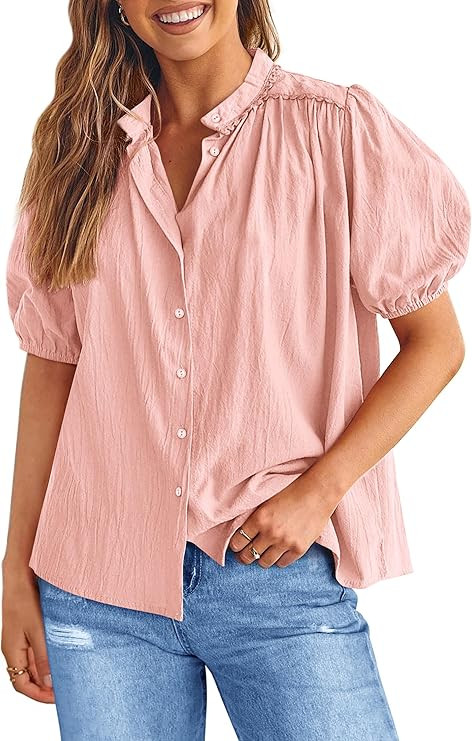 PRETTYGARDEN Women's 2026 Summer Button Down Shirts Short Lantern Sleeve V Neck Cotton Cute Tops ... | Amazon (US)