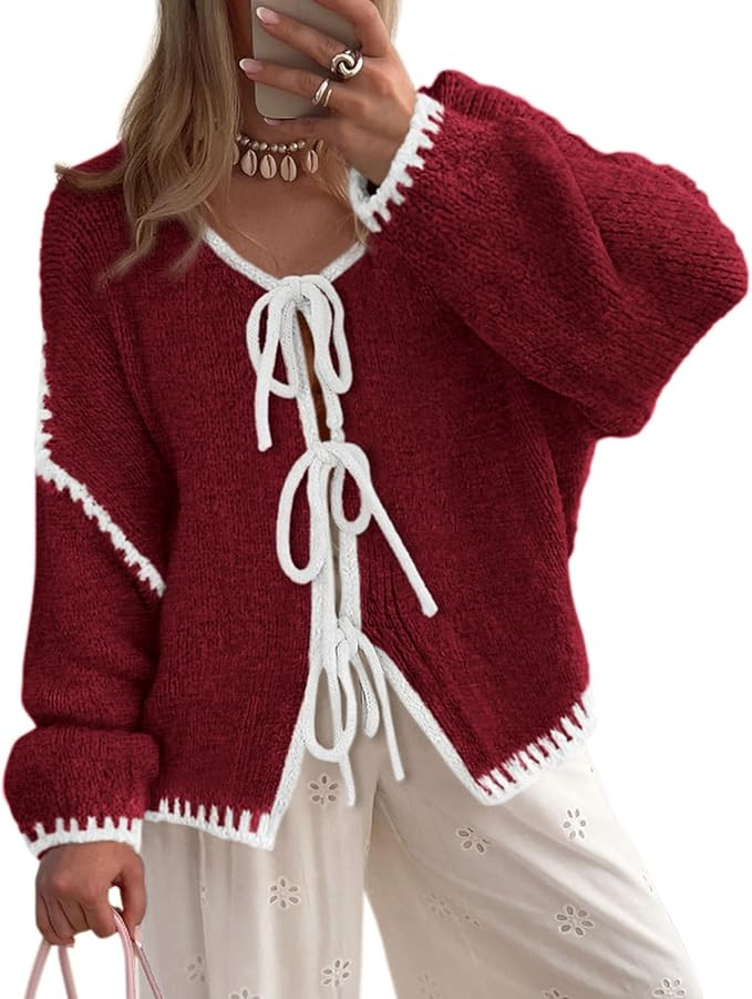 PRETTYGARDEN Women's Tie Front Bow Cardigan Sweaters Chunky Knit Long Puff Sleeve Trendy Fall Win... | Amazon (US)