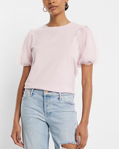 Skimming Tulle Puff Sleeve Crew Neck Tee | Express