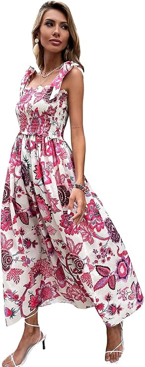 Floerns Women's Summer Boho Floral Print Tie Strap A Line Long Maxi Dress | Amazon (US)