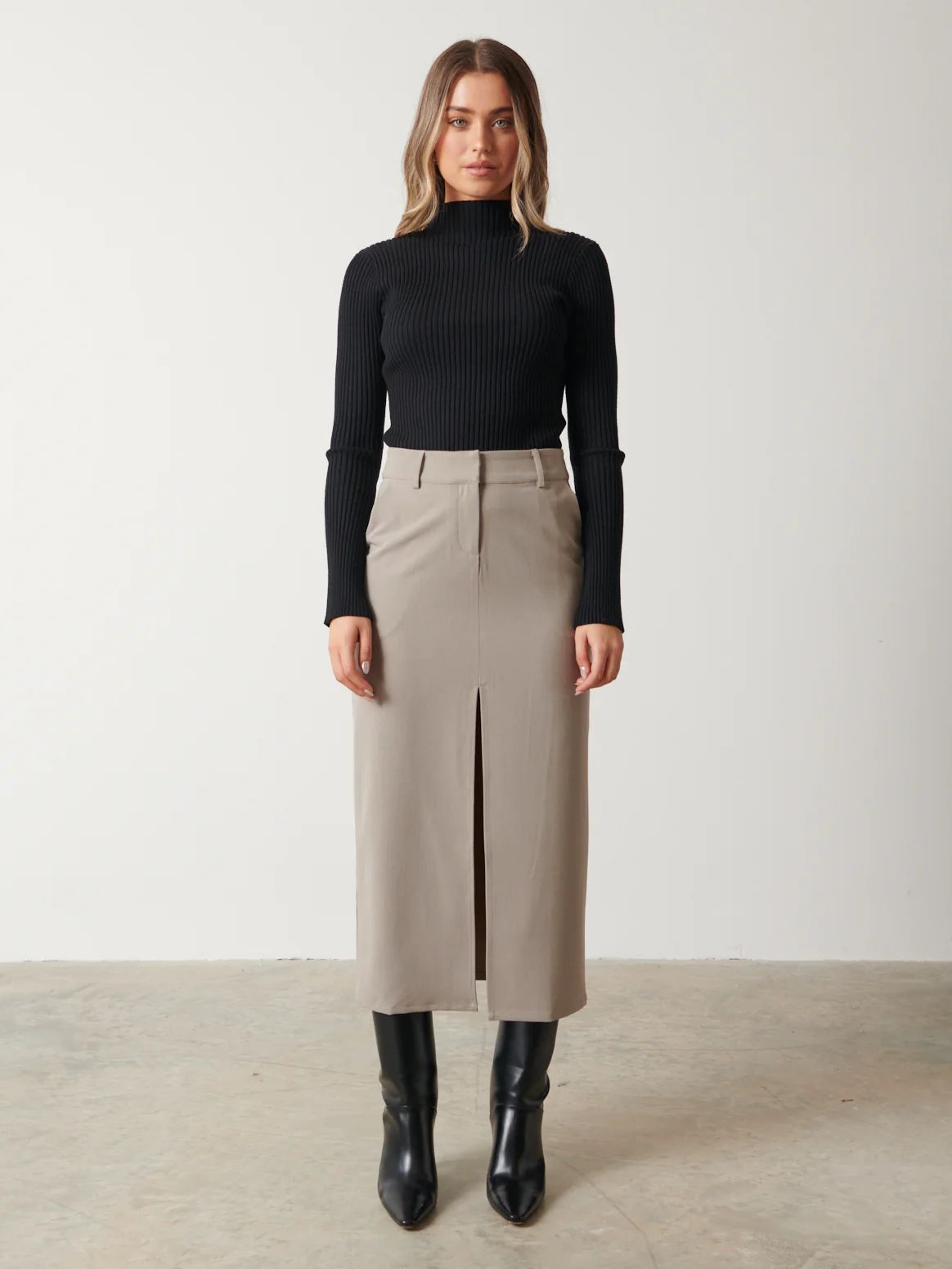 Frankie Tailored Midaxi Skirt - Grey Taupe | Pretty Lavish (UK)
