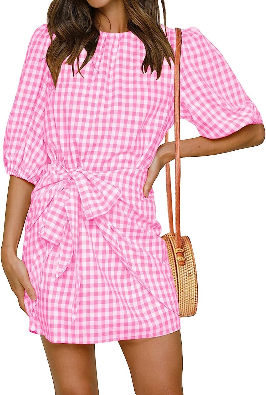 ZOWODO Womens Casual Summer Plaid Crewneck Lantern Sleeve Wrap Tie Waist Party Short Mini Dress | Amazon (US)