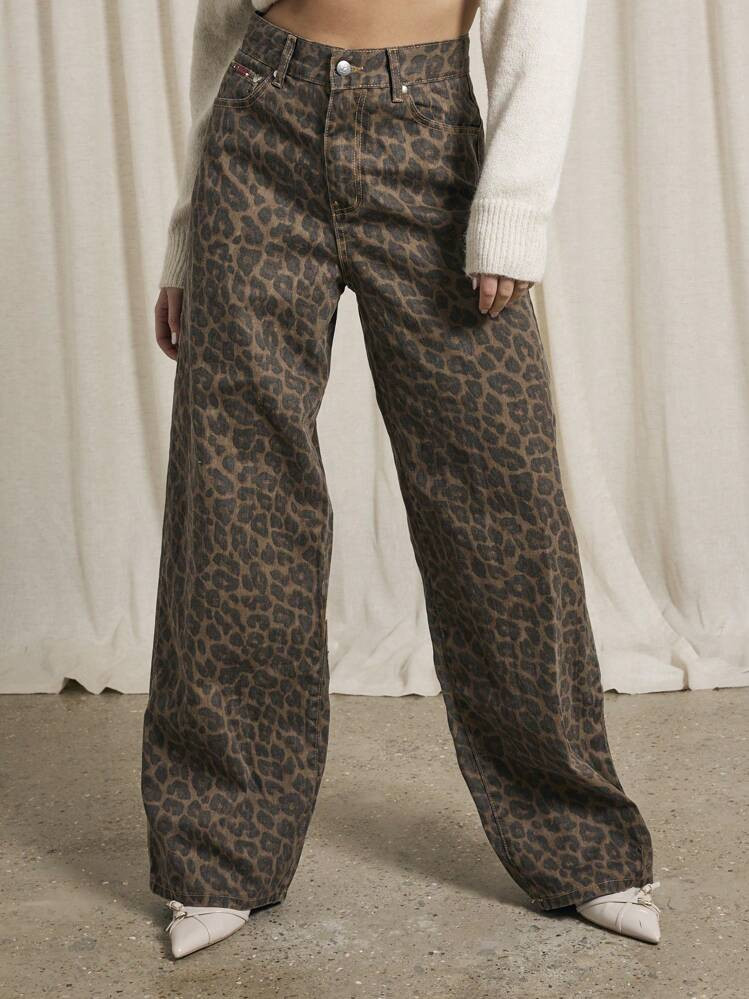 AiiRZ Leopard Print Wide Leg Jeans High Waisted Animal Print Denim Pants Retro Y2K Fashion Statement Bottoms Fall Winter Party Club Streetwear | SHEIN