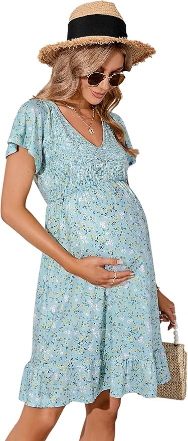 Coolmee Women's Maternity Short Sleeve Ruffle Dress V Neck Summer Casual Smocked Flowy Midi Dress... | Amazon (US)