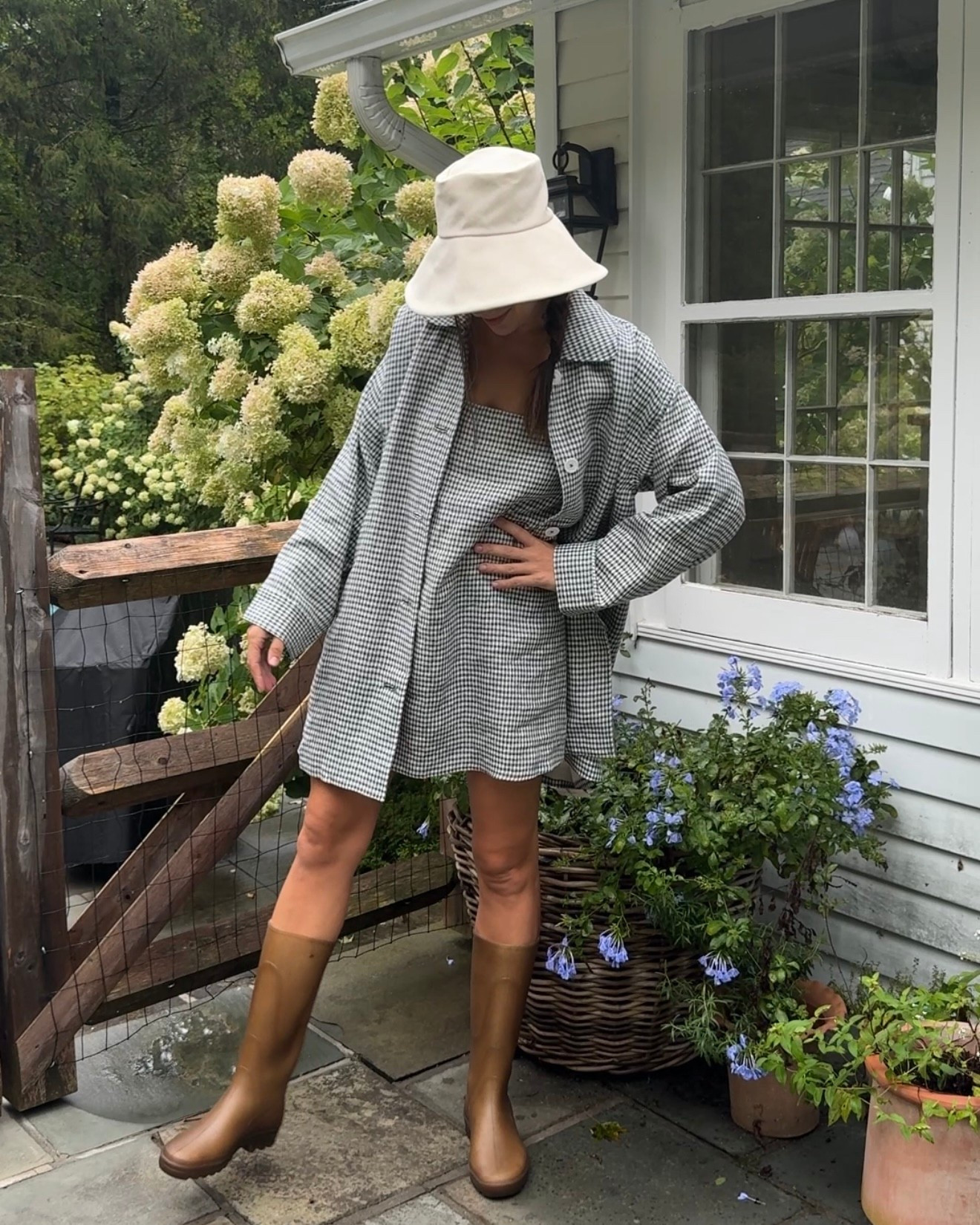 Reformation gingham mini dress and gingham jacket, brown rain boots and Janessa Leone canvas Walker hat 

#LTKFindsUnder100 #LTKStyleTip