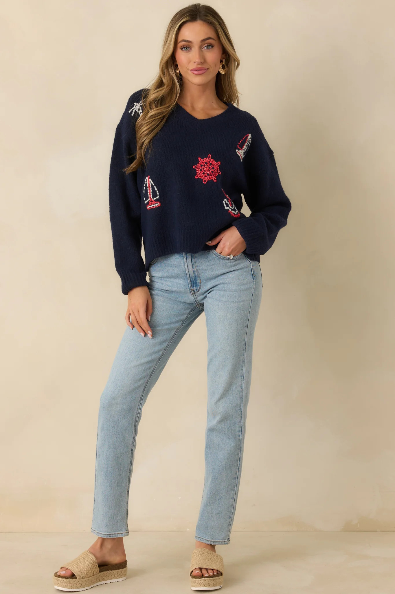 Anchored in Style Navy Multi Knit Nautical V-Neck Sweater | Red Dress