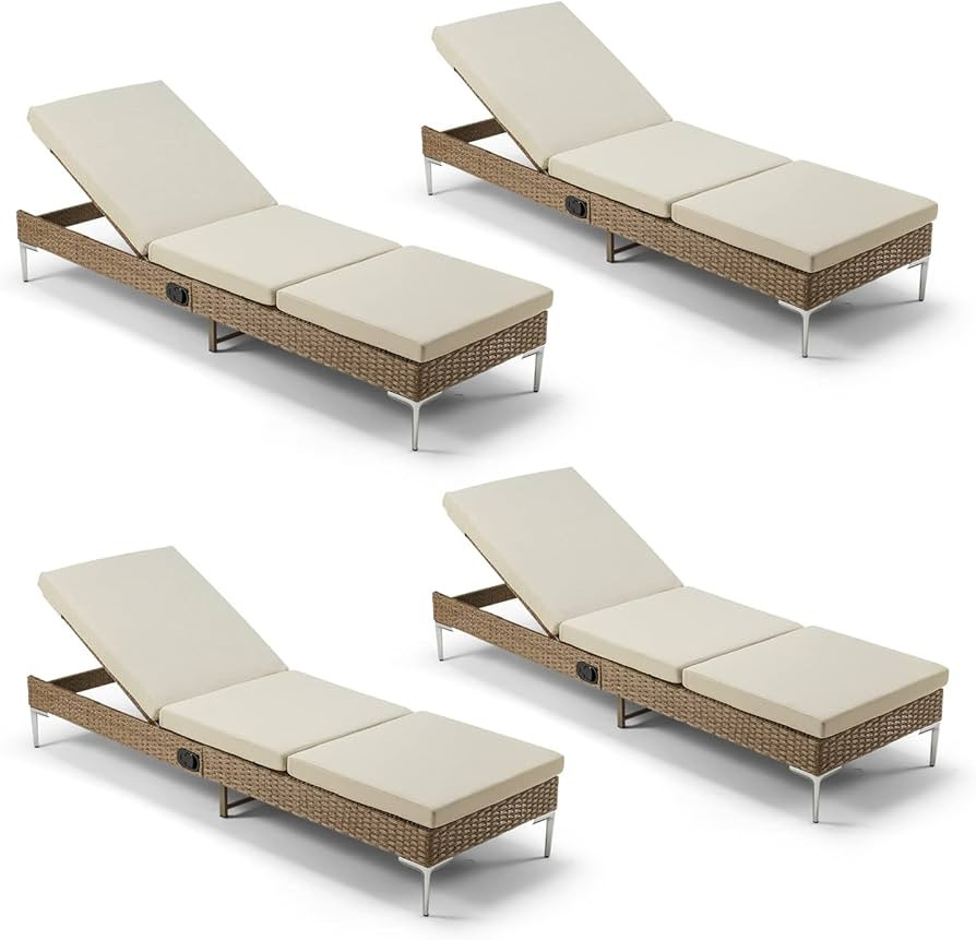 HOMREST Outdoor Chaise Lounge Chair Set of 4, Patio Wicker Lounge Chair with Pneumatic Adjustable... | Amazon (US)