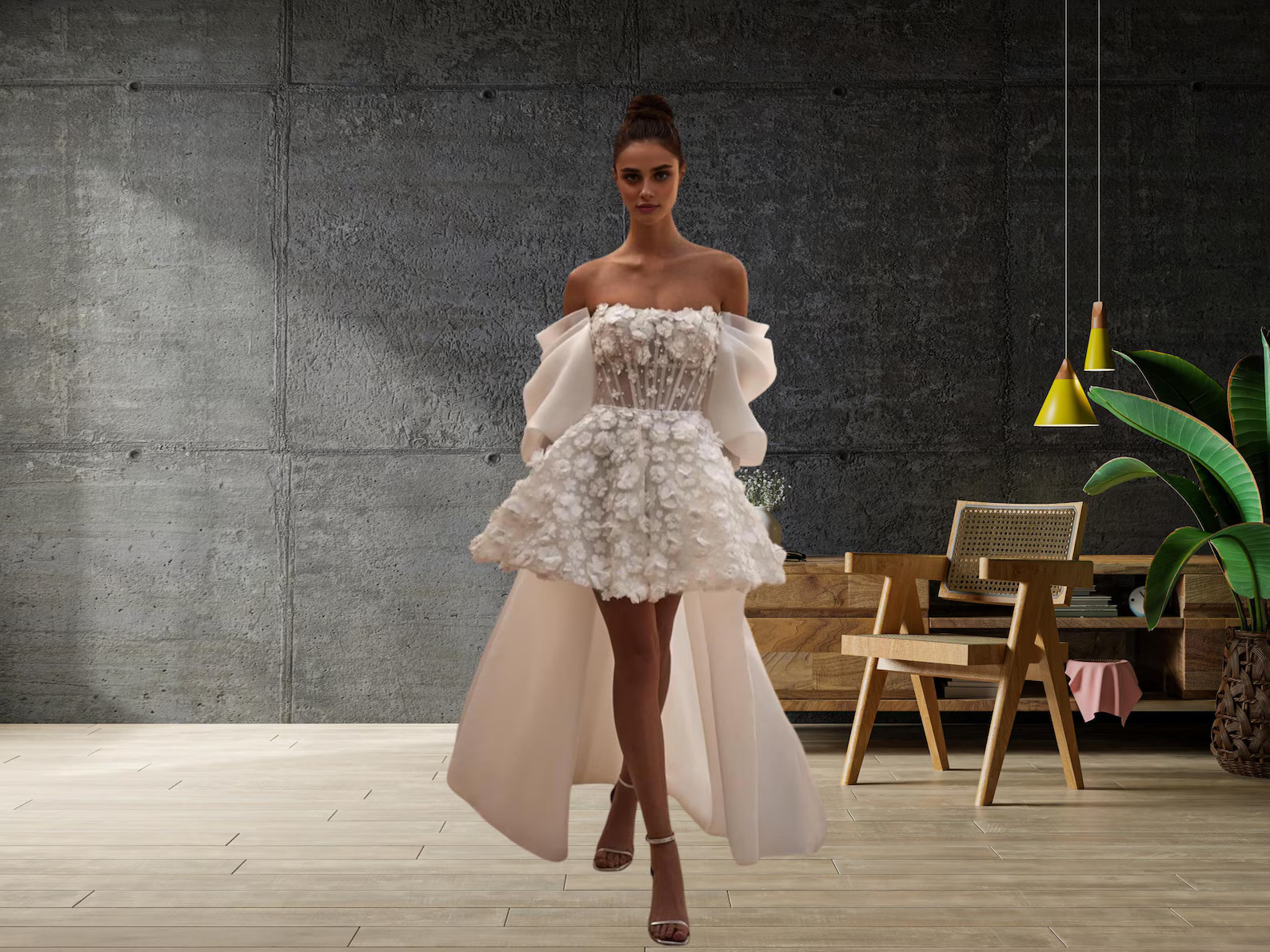 Custom White Mini Wedding Dress – 3D Flowers, Pearls & Detachable Train - Etsy | Etsy (US)