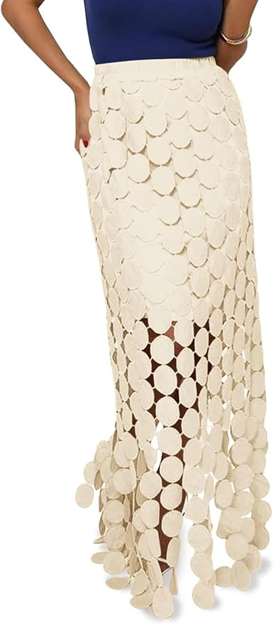 Cicy Bell Womens Hollow Out Maxi Skirts Summer High Waisted Boho Fringe Hem Long Skirt | Amazon (US)