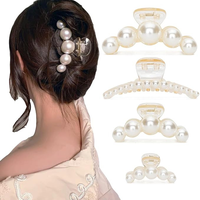 Hair Clips for Women, Large High-Gloss Pearl Hair Claw Clip Set Strong Hold No Slip, Banana Jaw C... | Amazon (US)