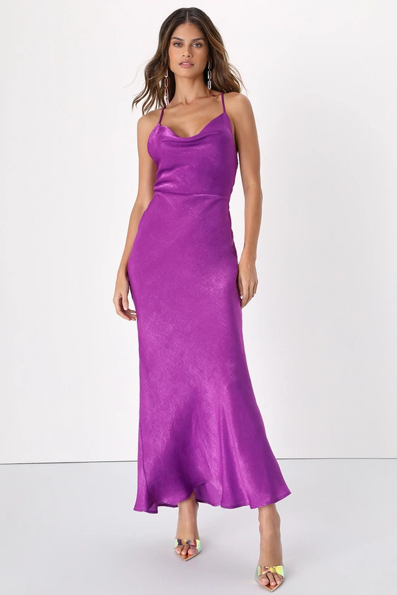 Exquisite Evening Purple Satin Cowl Neck Maxi Dress | Lulus (US)
