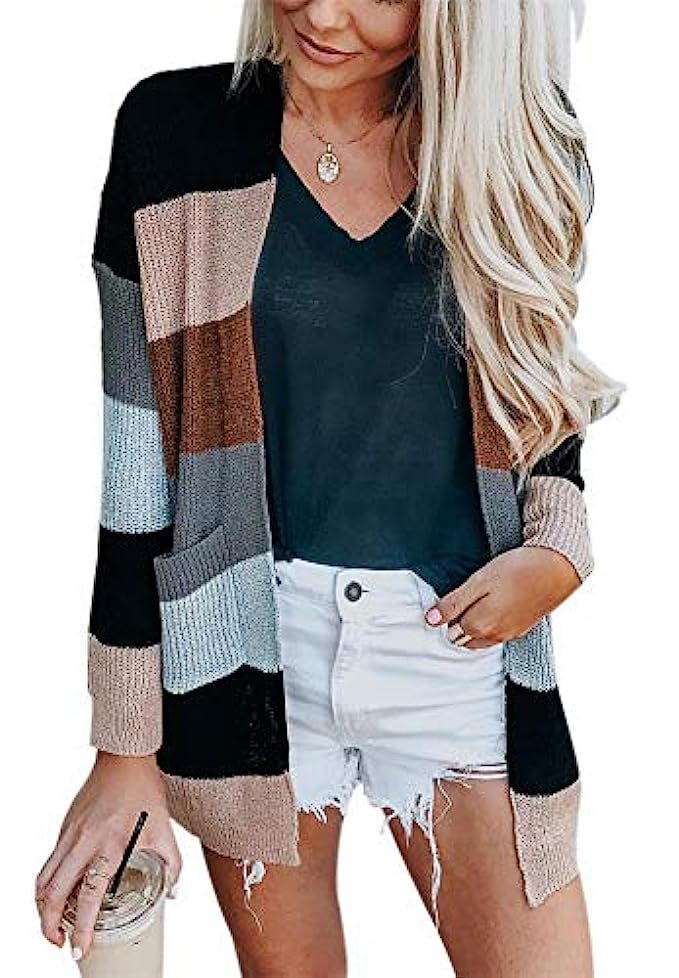 LKOUS Women Striped Knit Long Sleeve Loose Open Front Cardigans Pockets Sweater | Amazon (US)