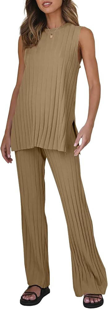 Tankaneo Two Pieces Outfits Sleeveless Top Knit Sets Trendy Lounge Long Pajamas Set | Amazon (US)