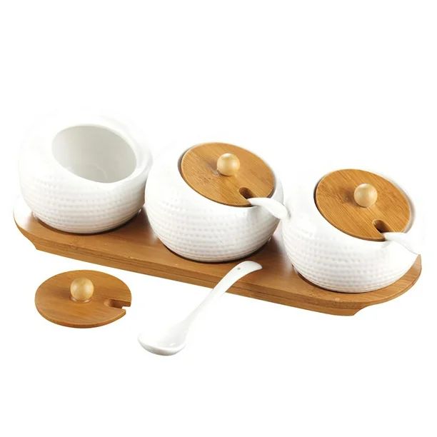 3PCS Ceramic Spices Jars Kitchen Salt Pepper Sugar Organizer Container Box With Wood Lid Spoon Co... | Walmart (US)