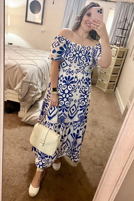Amazon Dress - size large (I’m a 10/12 and this fit true to size) 
Espadrilles - size 10, but could have sized down a 1/2 size. 

Amazon, Amazon fashion, Amazon finds, beach dress, floral dress, vacation dress, off the shoulder dress, spring dress, summer dress, vacation outfit, midsize, midsize dress, midsize fashion, midsize outfit, wedges, wedge shoes