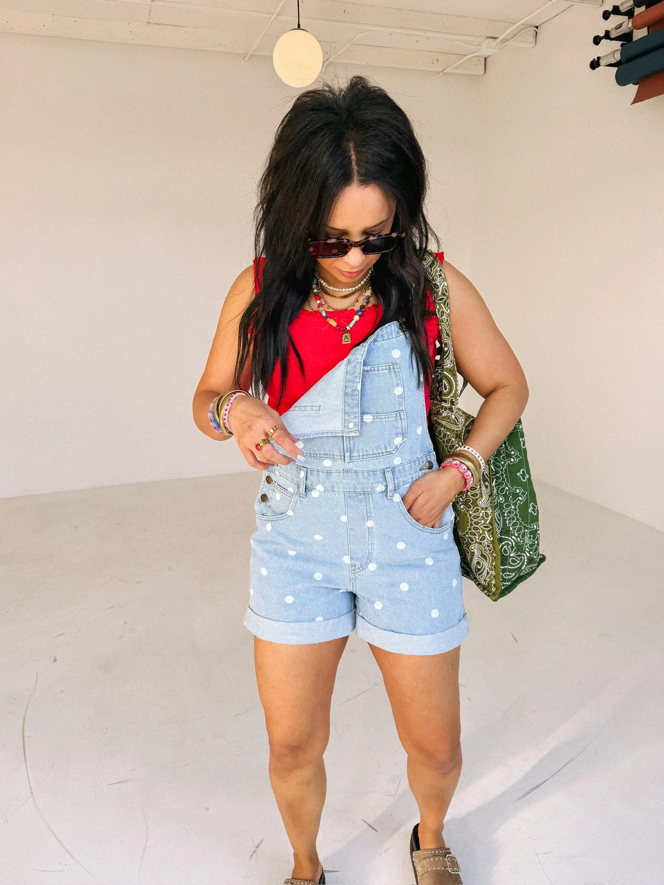 denim polka dot shorty overalls | Etta+East