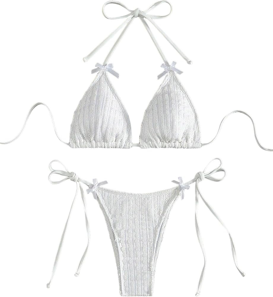 MakeMeChic Women's 2 Piece Bikini Set Swimsuit Tie Backless High Cut Halter Thong Bathing Suit | Amazon (US)