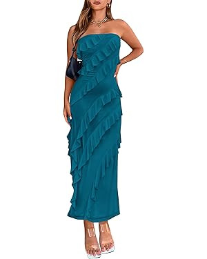 BTFBM Women Summer Elegant Strapless Midi Ruched Bodycon Dress Solid Color Stretch Mesh Slim Part... | Amazon (US)