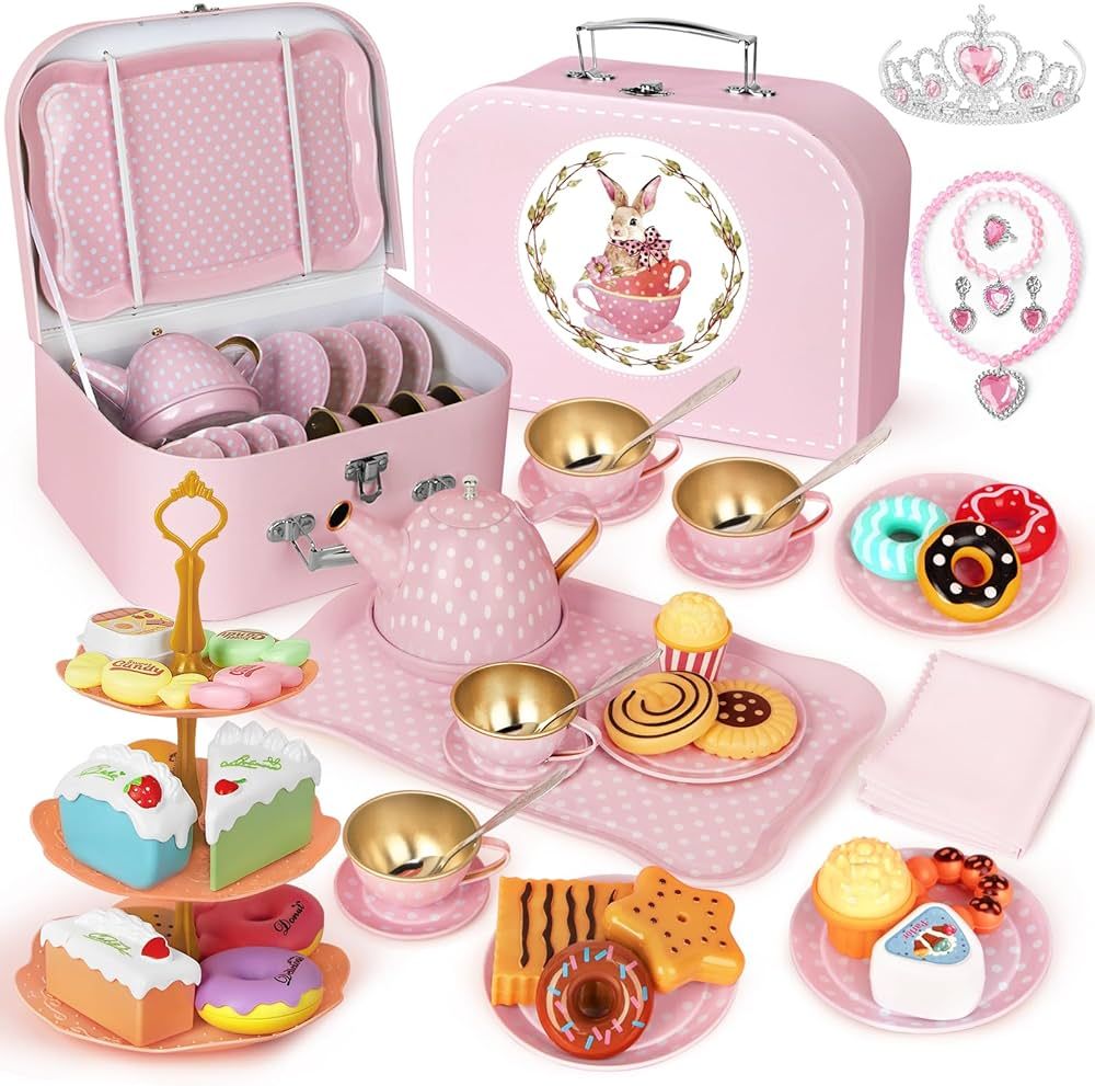 Tea Party Set for Little Girls, 49PCS Princess Tea Time Toys Including Tea Set Dessert Carrying C... | Amazon (US)