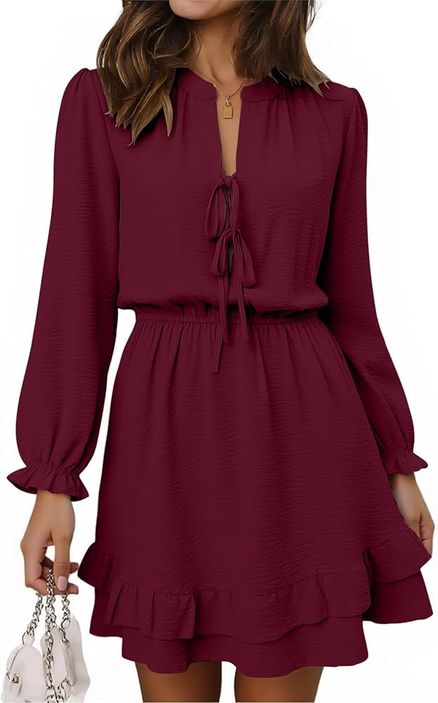 Angashion Womens Tie Front Mini Dress: V Neck Long Sleeve Layer Ruffle Hem Dress with Pockets | Amazon (US)