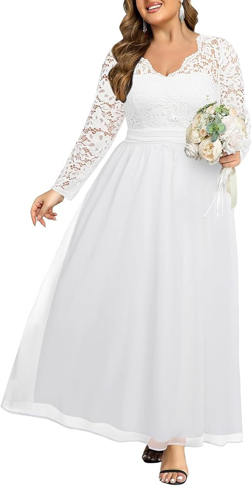 Plus Size Formal Wedding Dresses - Gowns Evening Prom Elegant V Neck Long Sleeve Lace Chiffon Lon... | Amazon (US)
