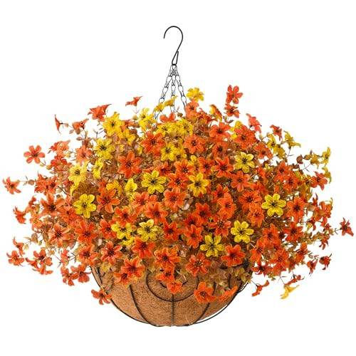 Artificial Faux Hanging Flowers Plants Basket for Outdoor Fall Decoration,Fake Silk Daisy in Planter UV Resistant Realistic for Outside Home Porch Patio Yard Balcony Autumn Decor(Orange Yellow) | Amazon (US)