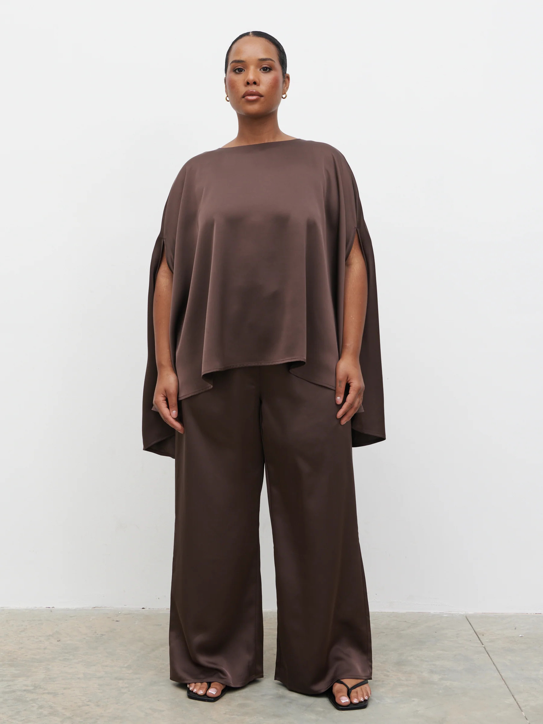 Breya Cape Floaty Satin Top Curve - Chocolate Brown | Pretty Lavish (UK)