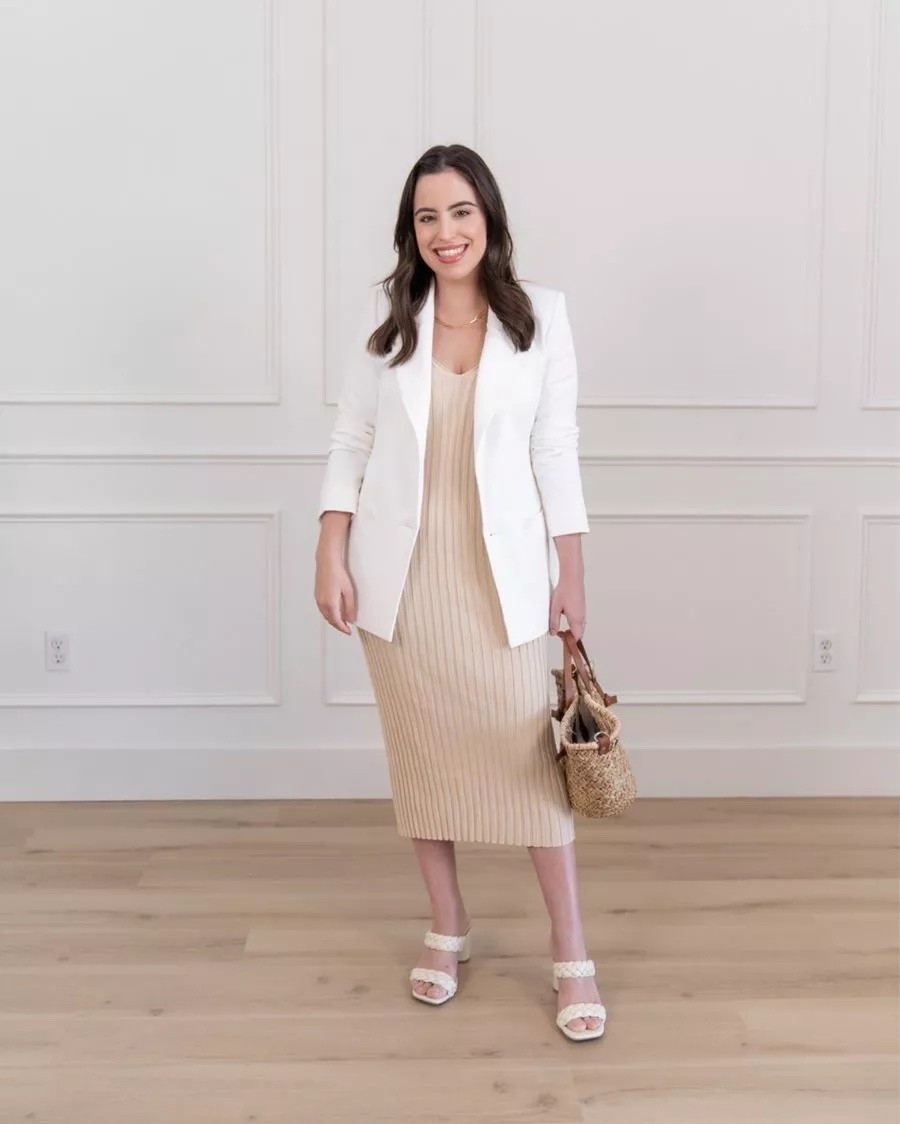 This office look is comfortable AND stylish — ribbed midi dress, white double-breasted blazer, and braided sandals.

office wear, work outfit, smart casual, neutral outfit, petite fashion, modest look

#LTKootd #LTKPetite #LTKU