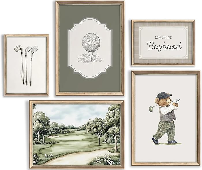 Vintage Golf Nursery Wall Art Retro Sport Kids Room Canvas Wall Decor Teddy Bear Pictures Sage Gr... | Amazon (US)