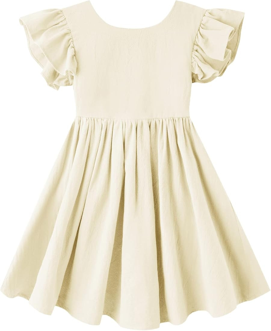 Toddler Baby Girl Cotton Linen Summer Dress Ruffle Sleeve Back Bowknot Kids Beach Dresses | Amazon (US)