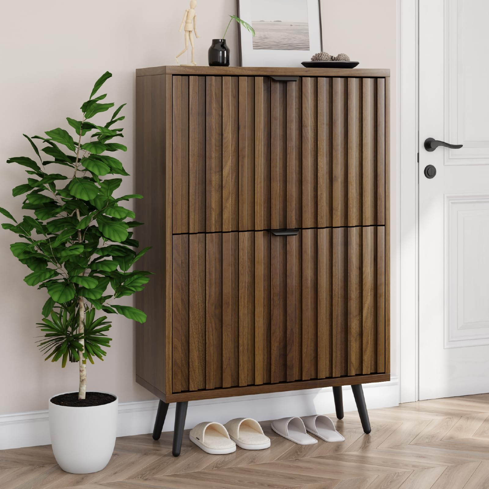 Smuxee Shoe Cabinet with 2 Flip Drawers, 23.6" Walnut Hidden Shoe Storage Cabinet with Fluted Des... | Amazon (US)
