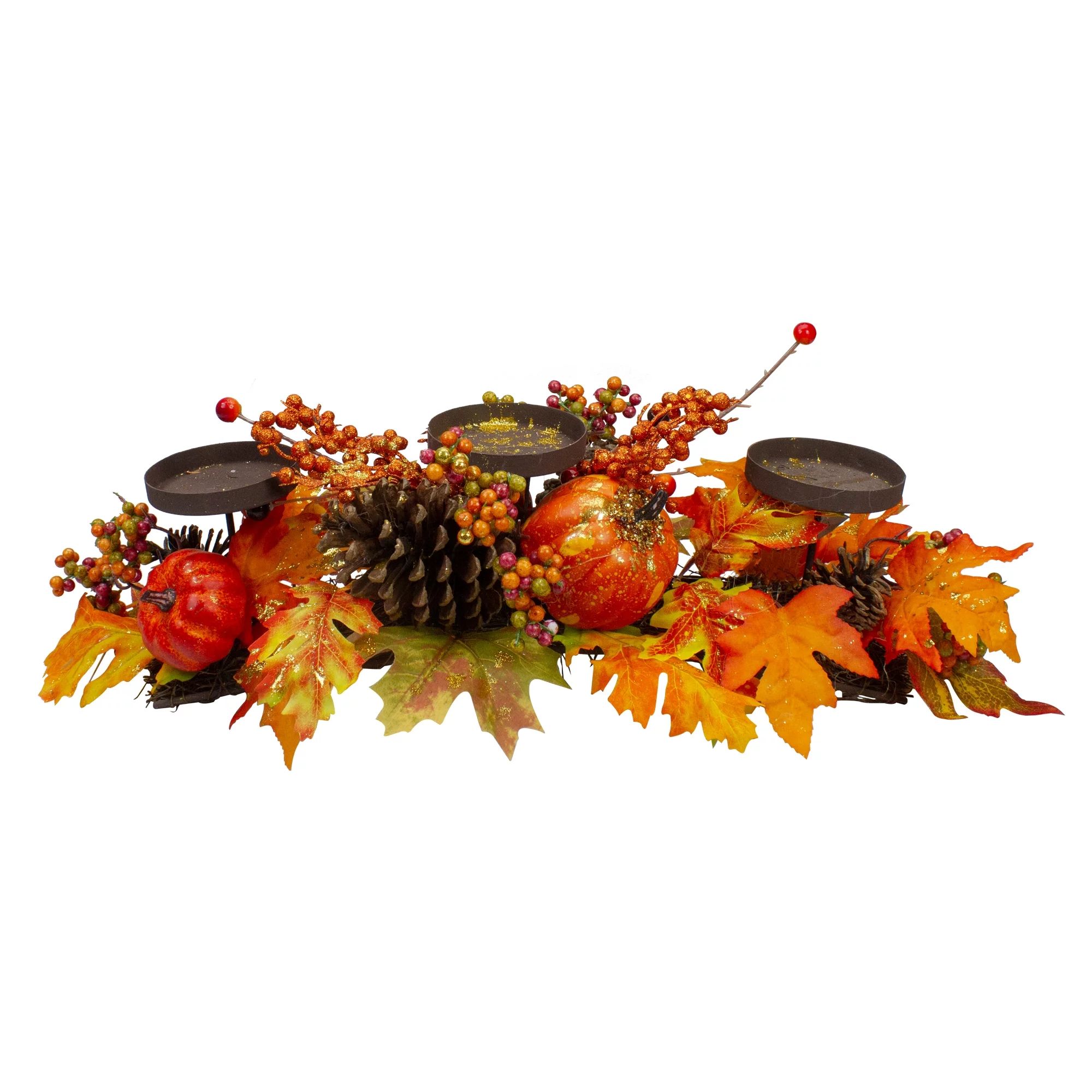 21" Orange Fall Harvest Leaves and Pumpkins Candle Holder | Walmart (US)