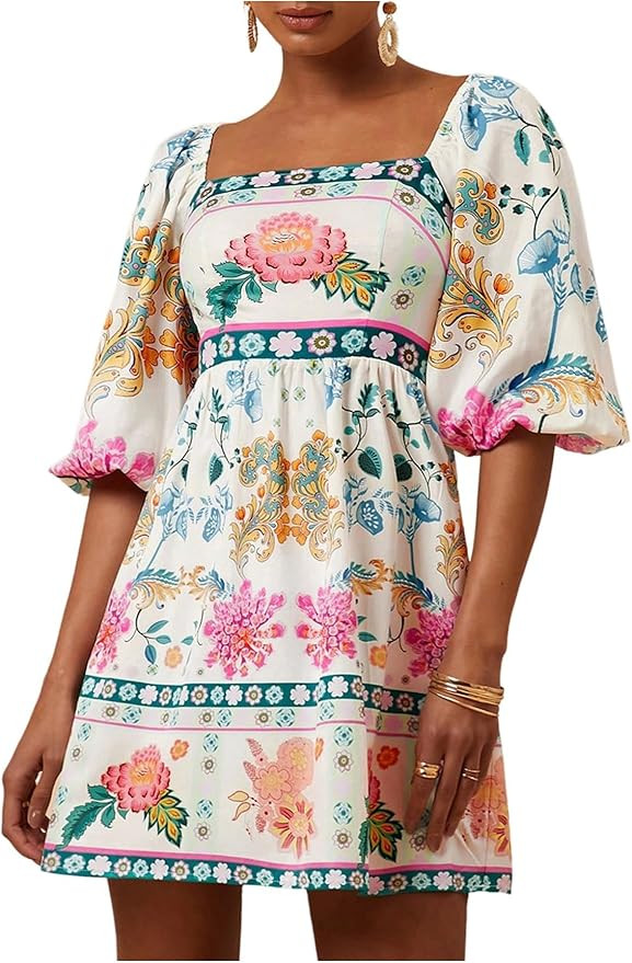 SOLY HUX Women's Floral Print Dress Square Neck Puff Sleeve A Line Short Boho Summer Dresses | Amazon (US)