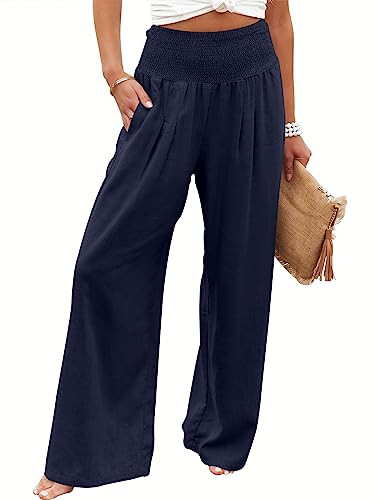 ANRABESS Women Linen Palazzo Pants Summer Boho Wide Leg High Waist Casual Lounge Pant 2025 Beach ... | Amazon (US)
