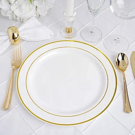 BalsaCircle 10 pcs Disposable Plastic Round Plates with Trim for Wedding Reception Party Buffet Cate | Walmart (US)