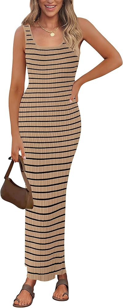 PRETTYGARDEN Womens Summer Tank Dress Casual Sleeveless Striped Ribbed Knit Long Dresses Beach Va... | Amazon (US)