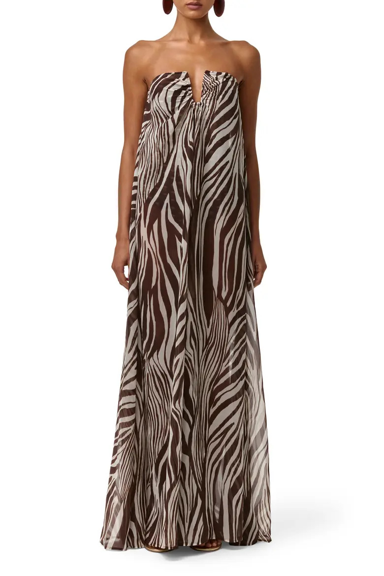 Naked Wardrobe Abstract Animal Print Strapless Wide Leg Chiffon Jumpsuit in Wild Riviera at Nordstrom, Size Medium | Nordstrom