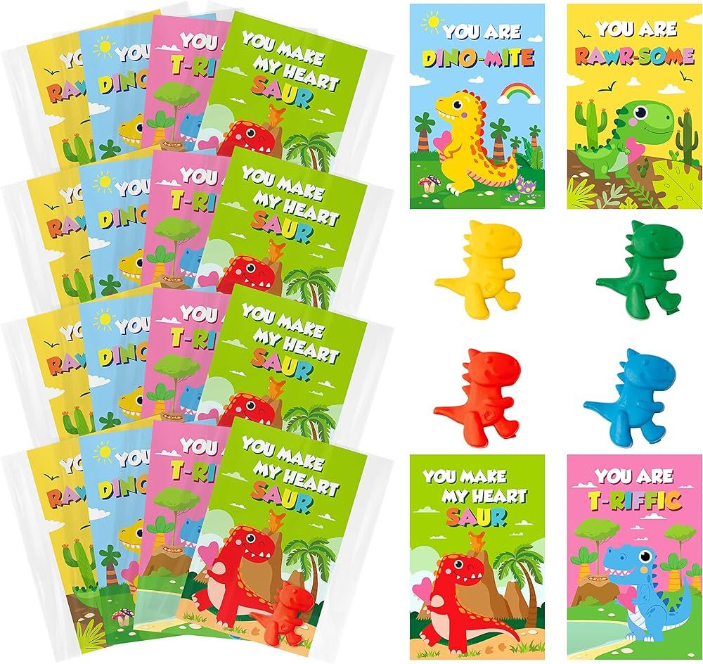 WATINC 28PCS Valentine's Day Cards with Dinosaur Crayons Valentine Colorful Dino Crayon & Co... | Amazon (US)