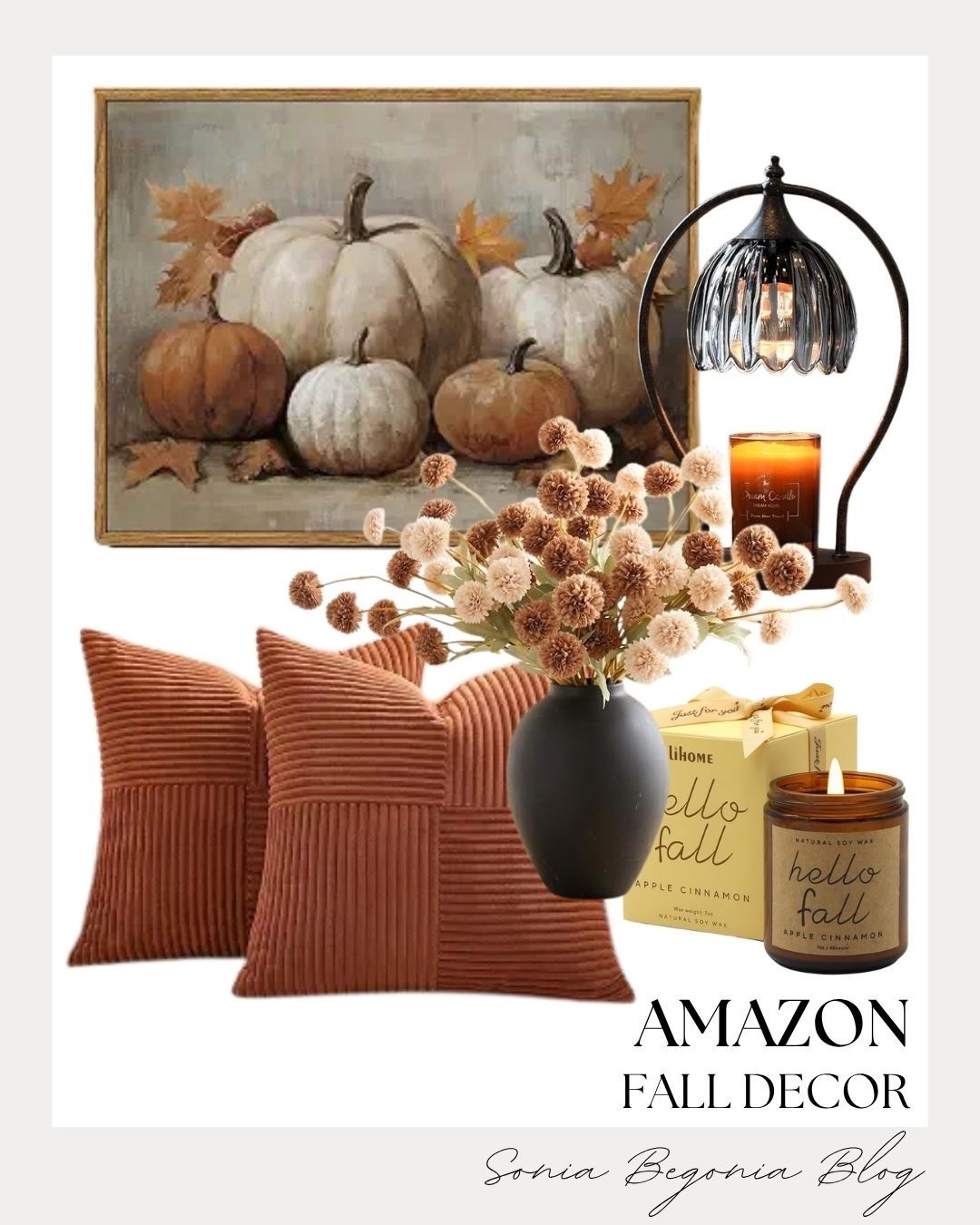 Bring cozy autumn warmth home with these aesthetic Amazon decor finds! 🍂
From rustic pumpkin canvas art to corduroy throw pillows and apple cinnamon candles, every detail creates an inviting space.

A arched candle warmer lamp and dark vase with fluffy stems add the perfect seasonal touch. 🕯️✨

#AmazonHome #FallDecor #CozyHome #AutumnVibes #HomeInspo #AmazonFinds #SeasonalDecor #LTKhome #WarmAesthetics #InteriorStyling

#LTKSeasonal #LTKHome