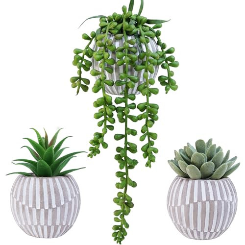 Winlyn 3 Pack Artificial Succulent Plants in Gray Geometric Concrete Pots Fake Aloe Echeveria String of Pearls Succulents Mini Faux Potted Plant for Desk Table Shelf Home Office Bathroom Decor | Amazon (US)