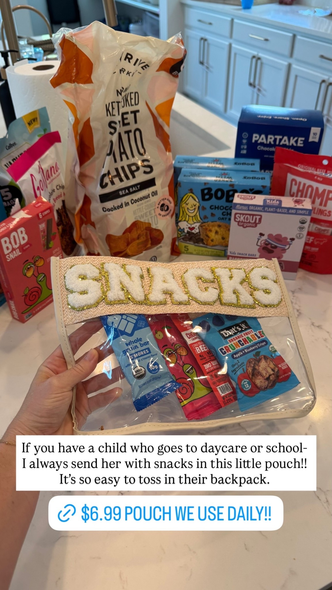 If you have a child who goes to daycare or school- I always send her with snacks in this little pouch!! It’s so easy to toss in their backpack.