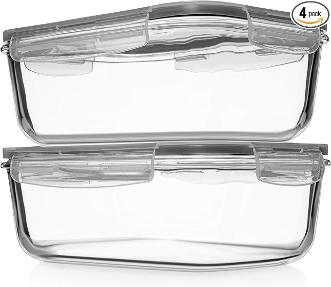 8 Cups/ 63 Oz 4 Piece (2 containers + 2 Lids) Large Glass Food Storage/ Baking Containers with Lo... | Amazon (US)