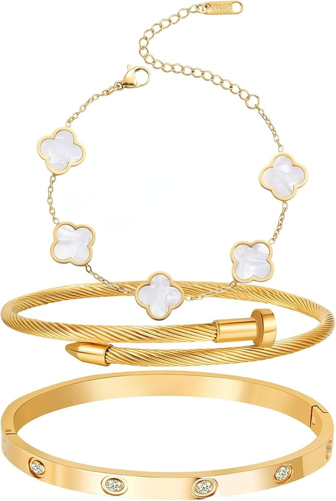 18K Gold Plated Four Leaf Clover Bracelet Bangle Set for Women Stack Bracelets Stainless Steel Ba... | Amazon (US)