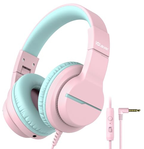 iClever HS19 Kids Headphones with Microphone for School, Safe Volume Limited, Over-Ear Girls Boys Headphones for Kids with Shareport, Foldable Wired for iPad/Travel (Pink) | Amazon (US)