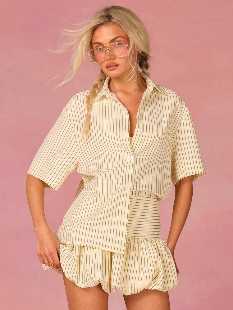 Athîral Women's Summer Yellow Striped Mid-Sleeve Top And Floral Shorts Casual Commuter 2 Pieces Set, Summer Shirts For Women, Co Ords Sets Women Summer | SHEIN