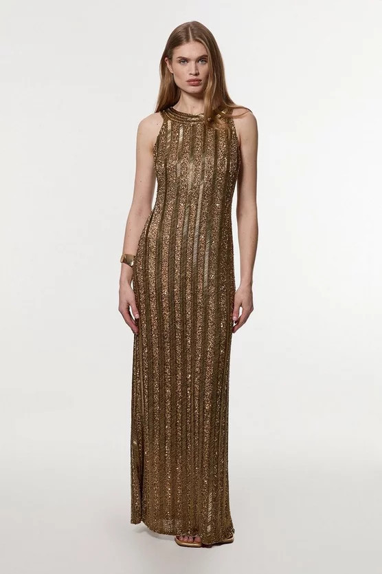 Petite Embellished And Beaded Woven Column Midi Dress | Karen Millen UK + IE + DE + NL