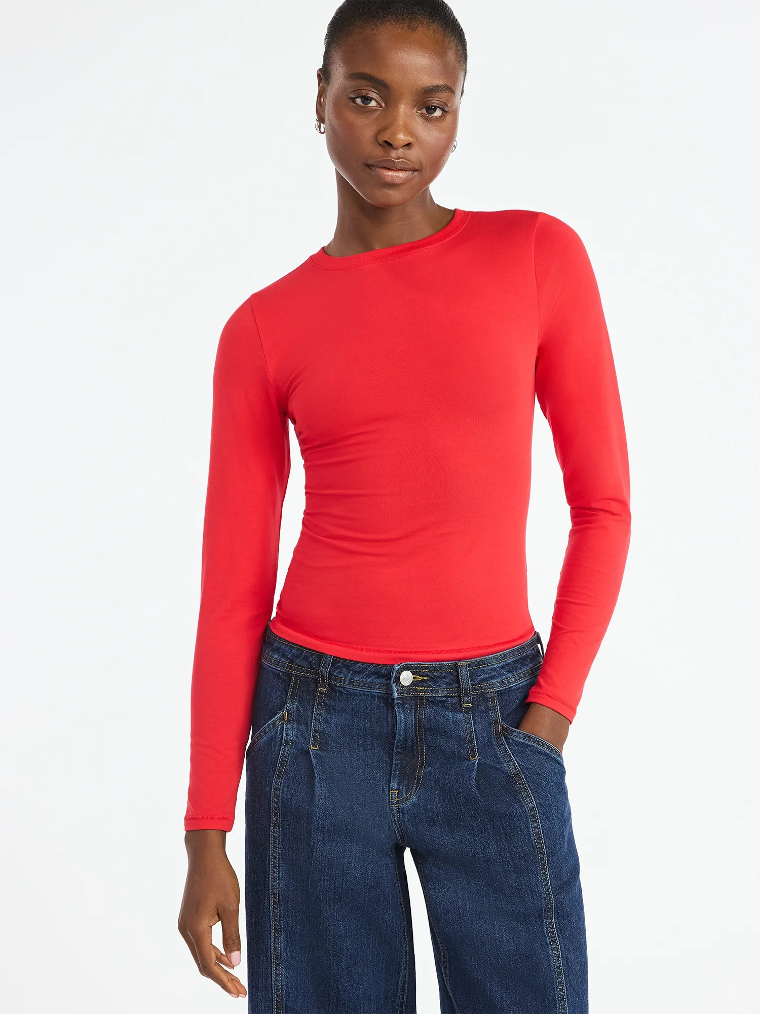 Scoop Women’s Stretch Cotton Blend Crewneck Tee with Long Sleeves, Sizes XS-XXL | Walmart (US)