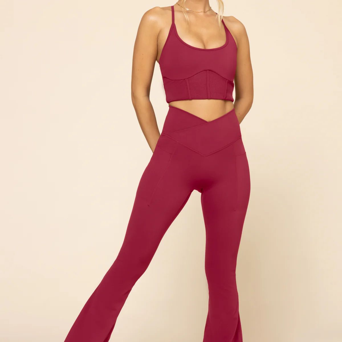 Crisscross Hourglass® Flared Leggings with Pockets - Ruby | POPFLEX