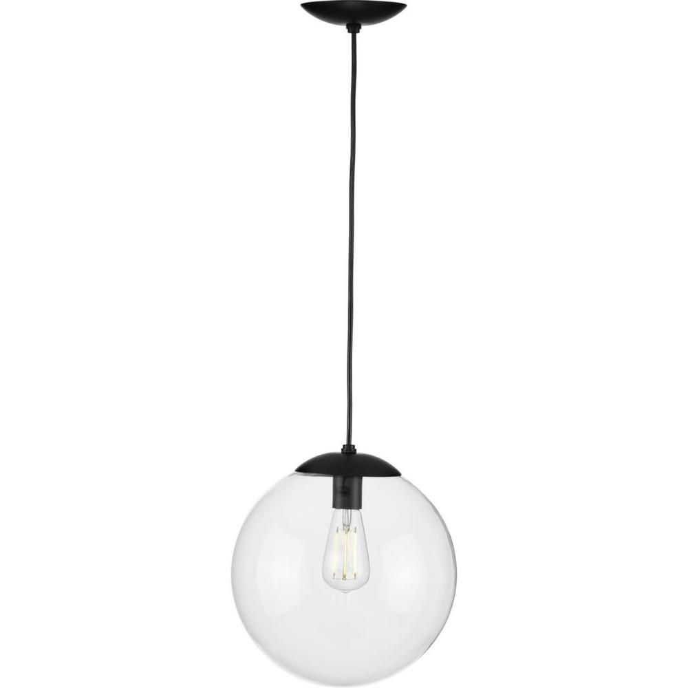 Progress Lighting Atwell 1-Light Matte Black Clear Glass Globe Modern Large Pendant Hanging Light... | The Home Depot