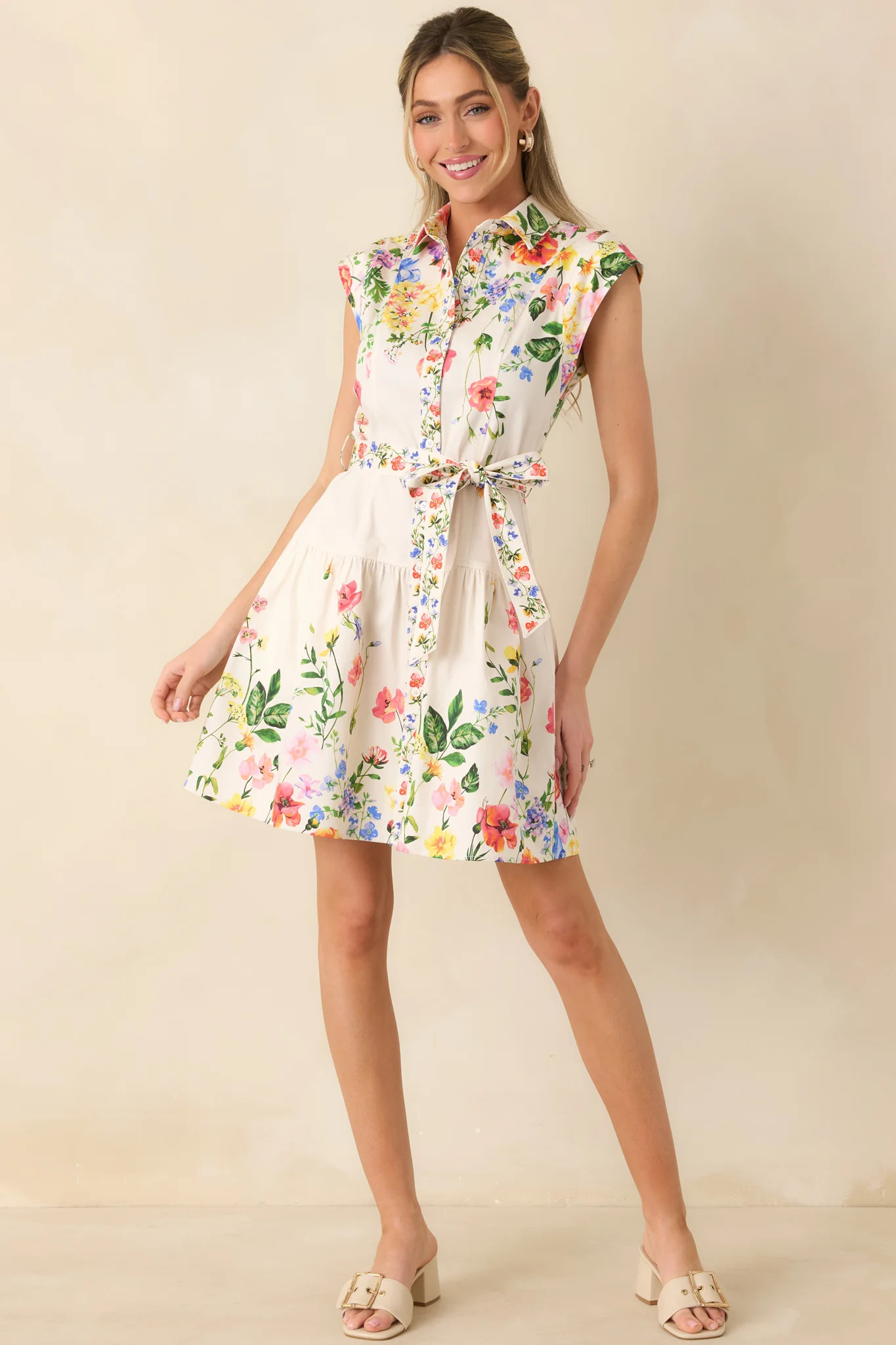 What Lies Ahead White Multi Cotton Floral Tie Belt Mini Dress | Red Dress